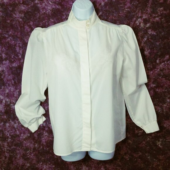 Vintage 80s Jonathan Logan Blouse Top -10 Buttons Pleats MockNeck Puff LSL Ivory - Picture 1 of 9